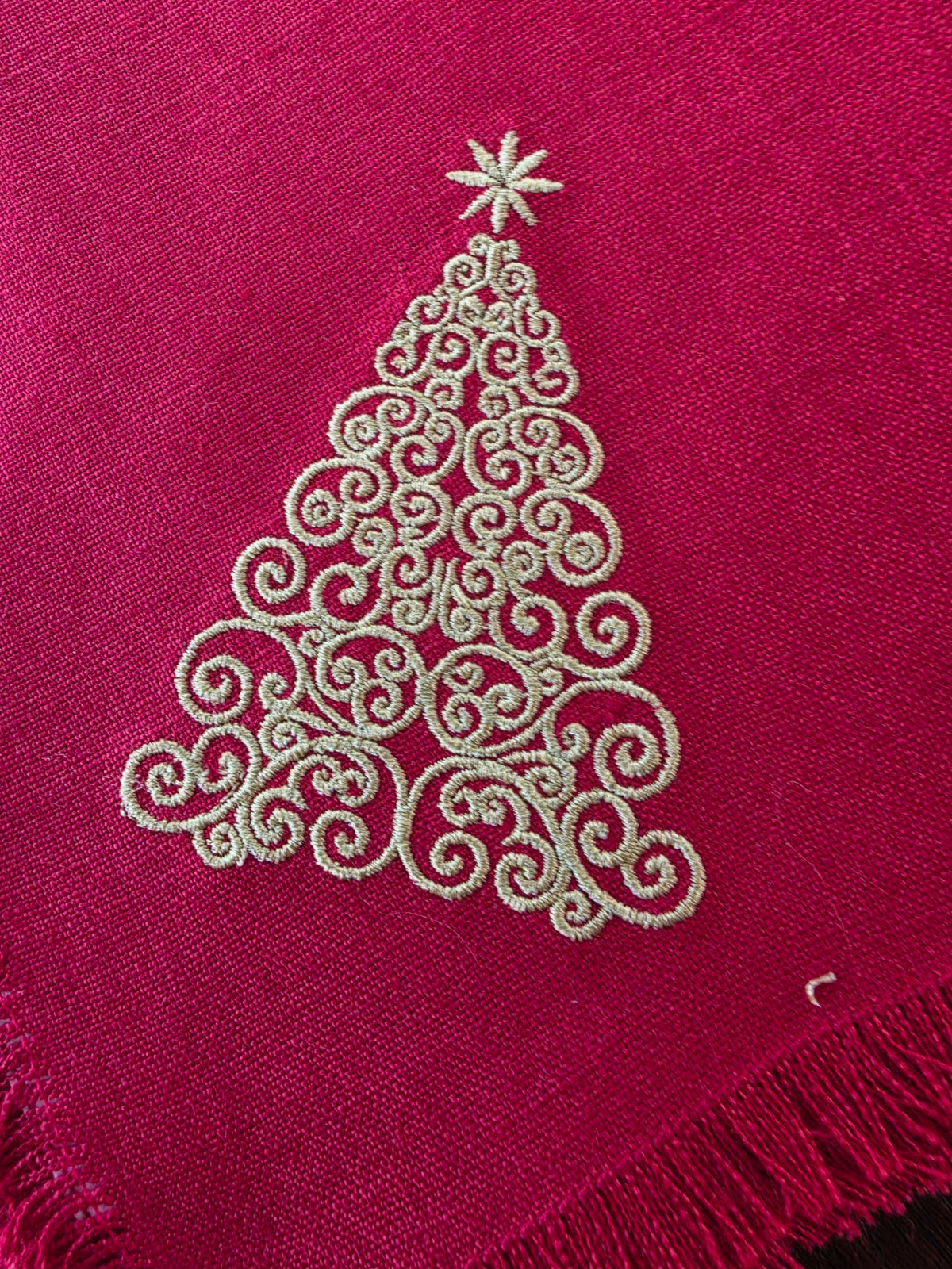 Embroidered Christmas Tree Linen Napkins – Set of 4, Solino Home Cherry Red Linen with Gold Filigree