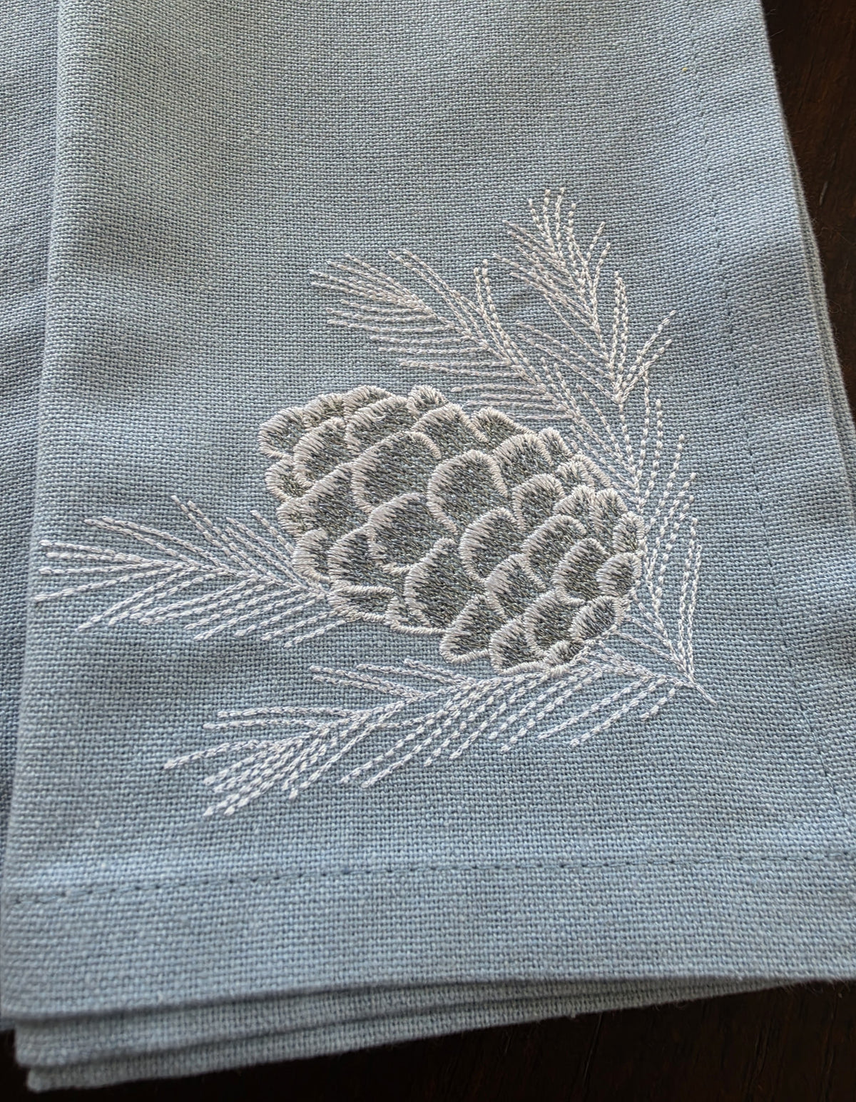 Winter Pinecone Embroidered Napkins | Set of 4 Blue Cotton Dinner Napkins