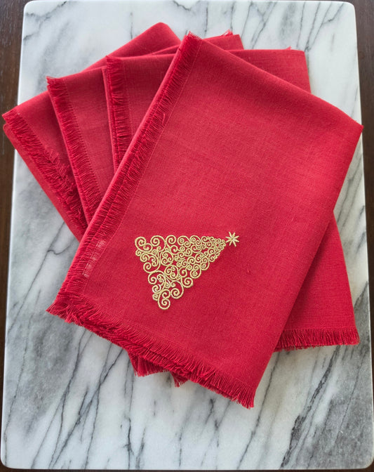 Embroidered Christmas Tree Linen Napkins – Set of 4, Solino Home Cherry Red Linen with Gold Filigree