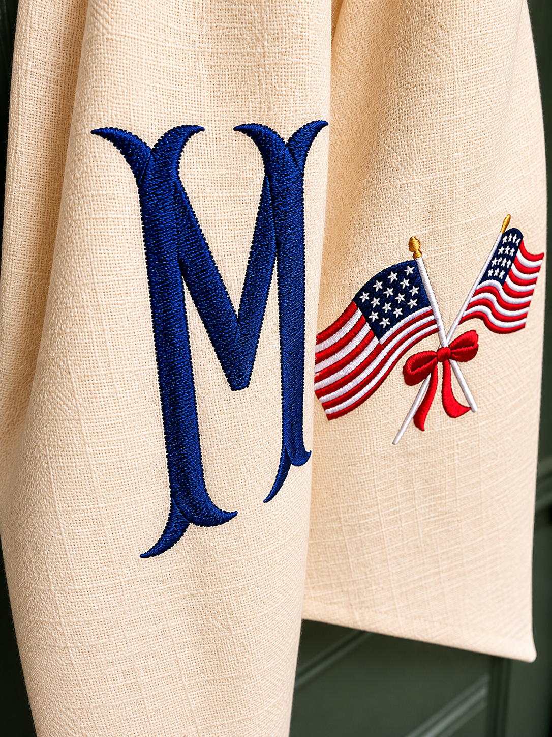 Classic Patriotic Linen Wreath Sash | Custom Monogram Door Accent