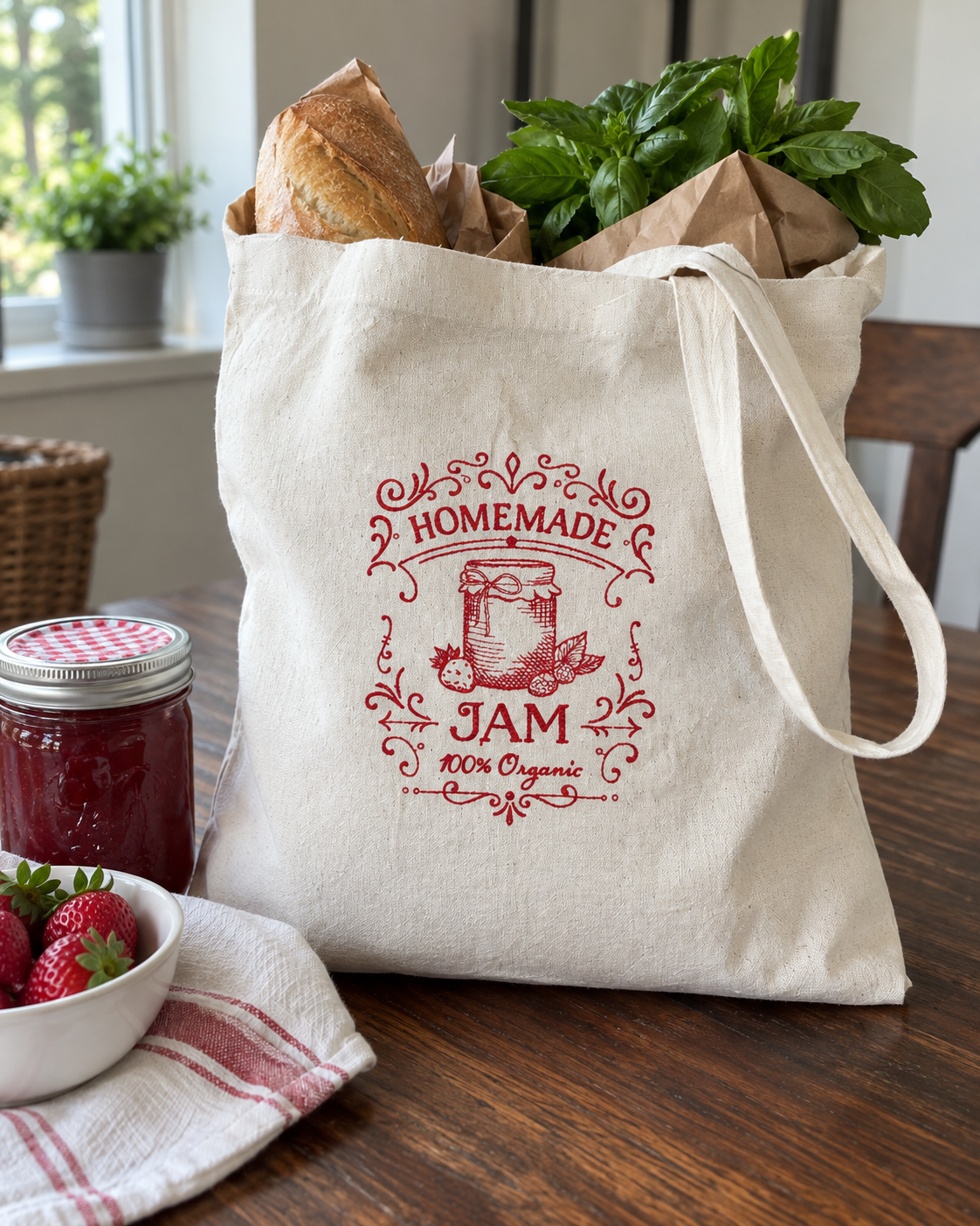 Embroidered Homemade Jam Tote Bag | Reusable Farmers Market Bag | Vintage Farmhouse Grocery