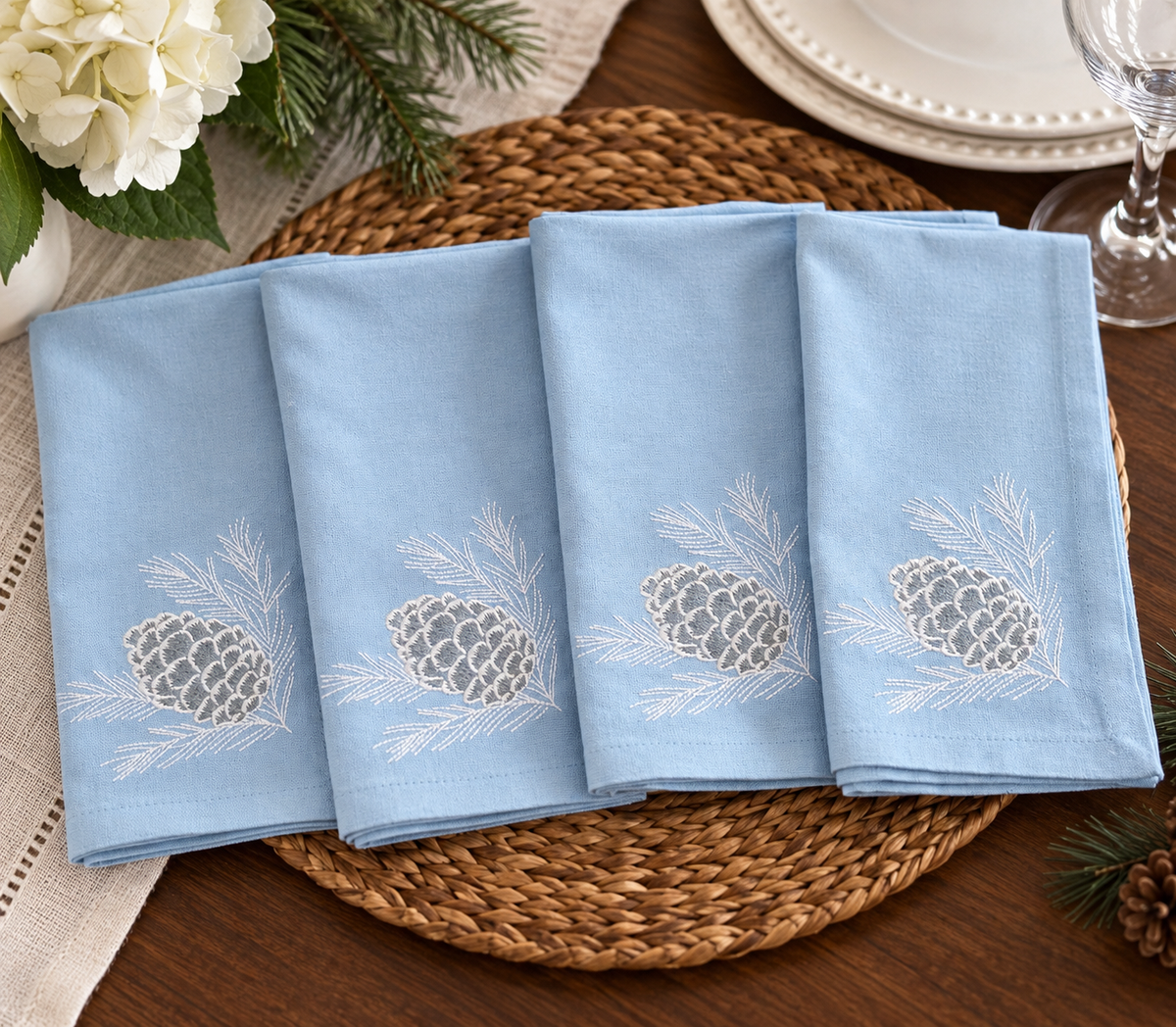 Winter Pinecone Embroidered Napkins | Set of 4 Blue Cotton Dinner Napkins