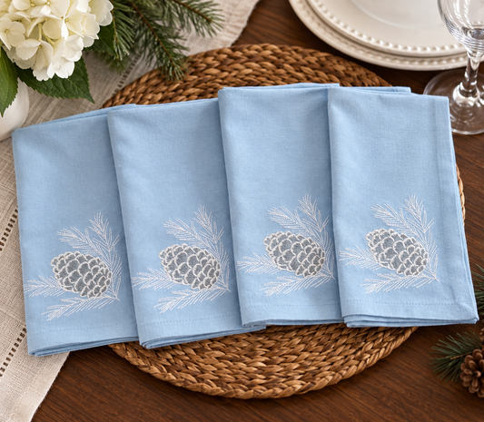 Winter Pinecone Embroidered Napkins | Set of 4 Blue Cotton Dinner Napkins